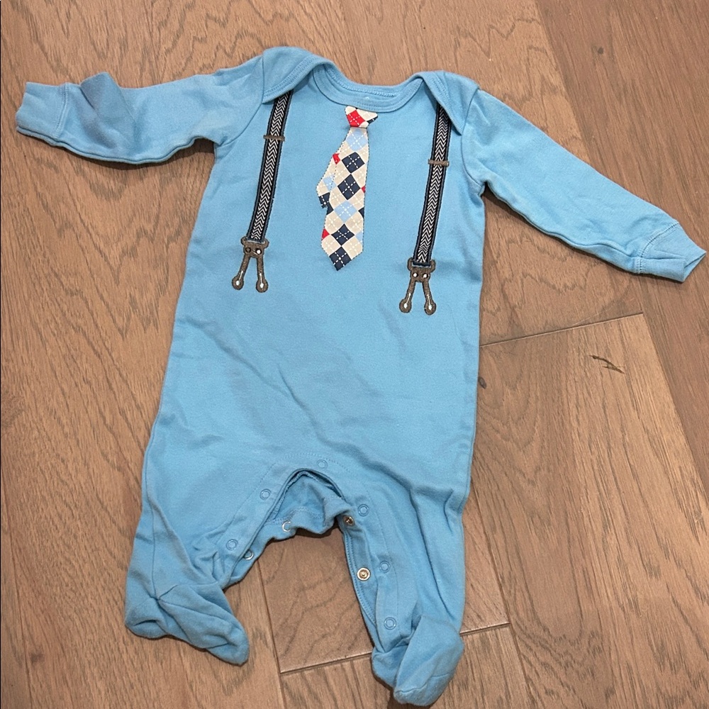 Koala Kids Blue Footie with Tie and Suspenders Design